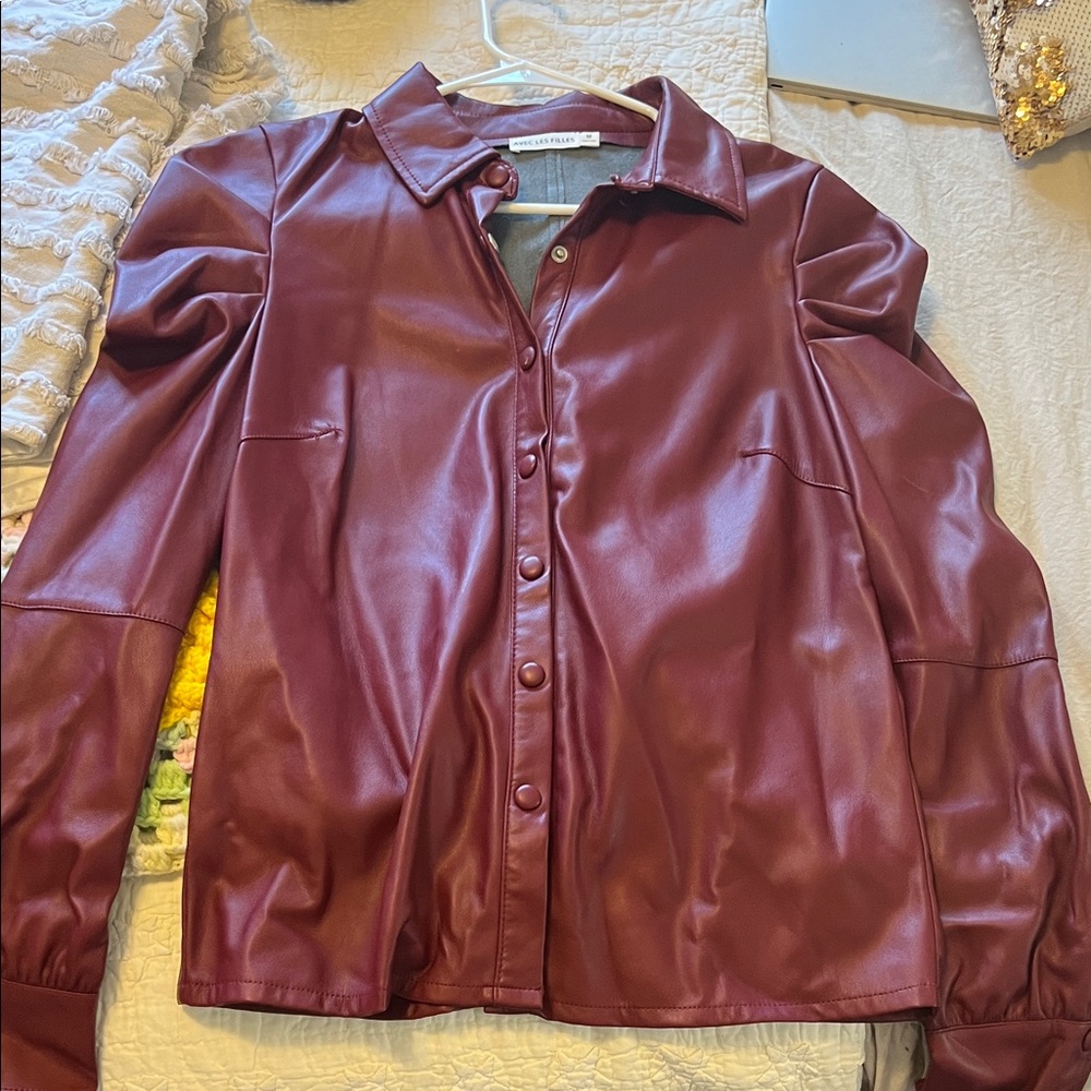 Avec Les Filles Maroon Faux Leather Button Down Shirt